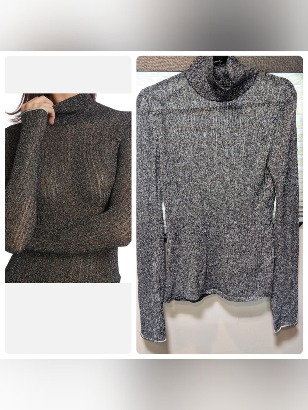 Rag & Bone Lexi Sweater Top XL Turtleneck Metallic Semi Sheer Gray Ribbed